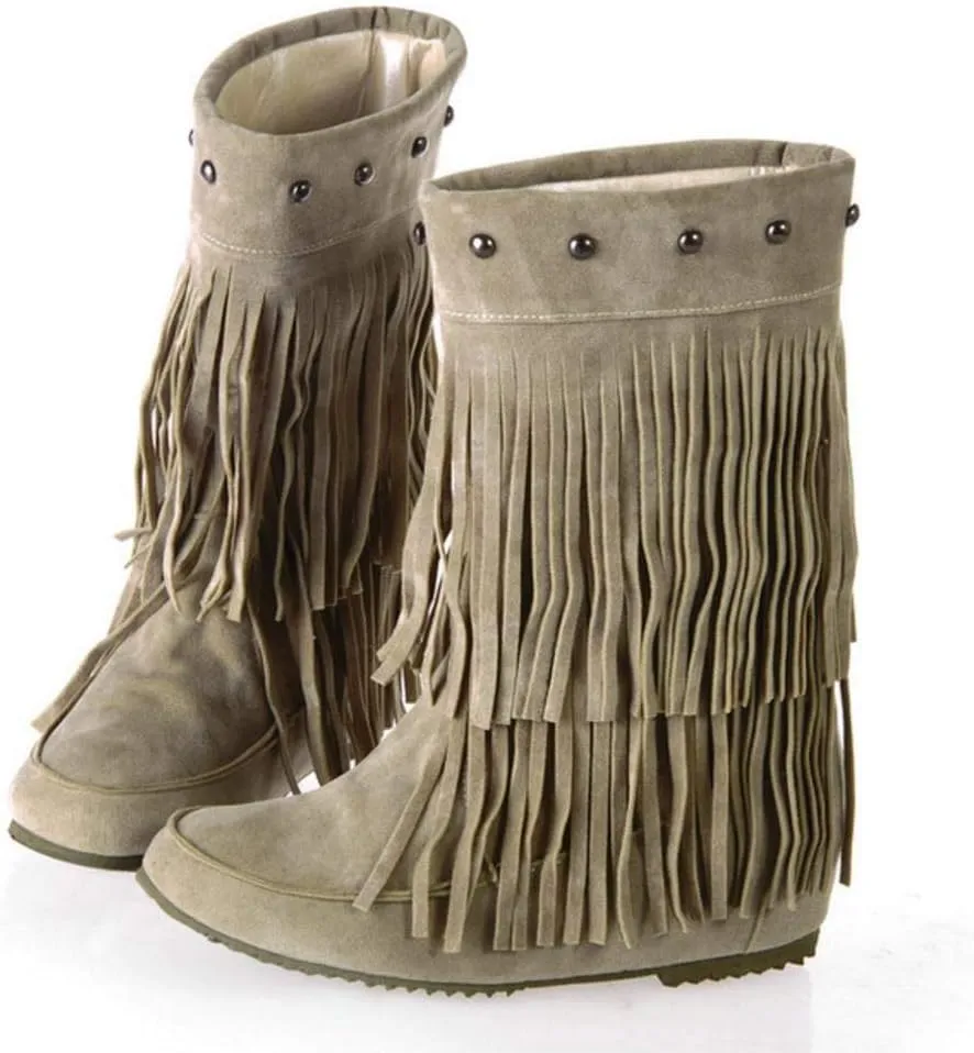 Scaoruki Classic Fringe Mid Women Boots Pull On Flat Winter Shoes