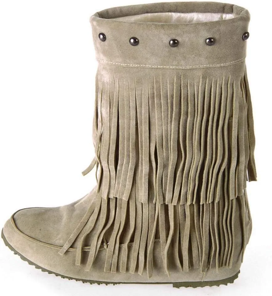 Scaoruki Classic Fringe Mid Women Boots Pull On Flat Winter Shoes