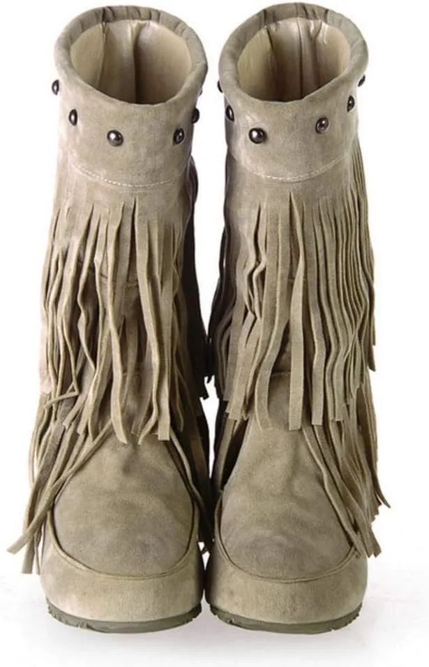 Scaoruki Classic Fringe Mid Women Boots Pull On Flat Winter Shoes