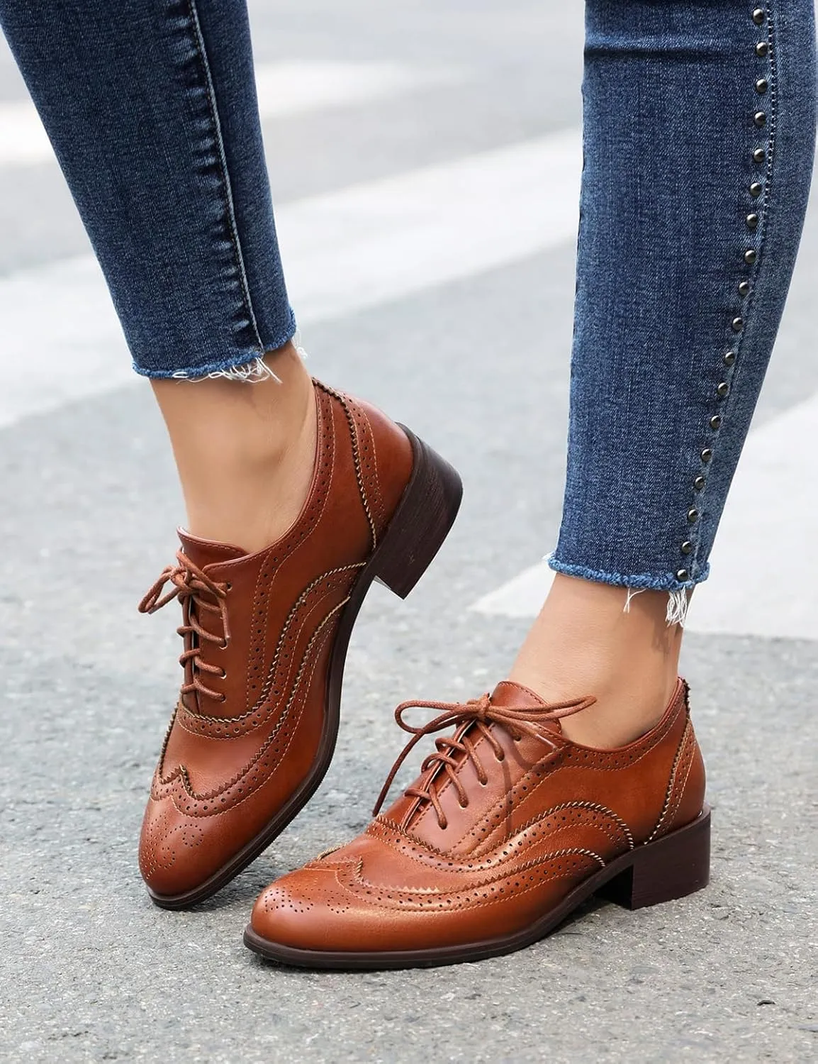 Scaoruki Leisure Oxford Shoes Women Two Tone Wingtip Brogue Shoes