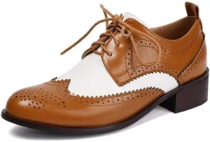 Seborluys Lace-up Wingtips Oxford Shoes for Womens Vintage Multicolor Leather Chunky Heels Two Tone Perforated Saddle Pumps Shoe Low Heel Oxfords Brogues