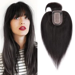 SEGO Hair Toppers for Women, Clip in Real Human Hair Toppers Straight with Bangs 150% Density Silk Base -6 Inch #1B Natural black