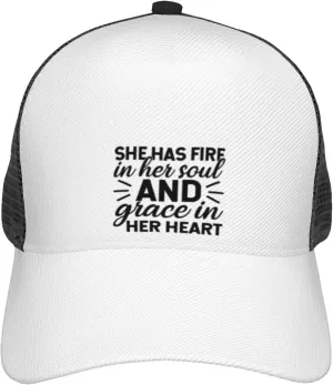 She Has Firf in Her Soul and Grace in Her Heart Girl Power Adjustable Mesh Trucker Baseball Cap Breathable Mesh for Casual Wear Golf Dad Hat for Men, Women Sun Hat Trucker Hat Black