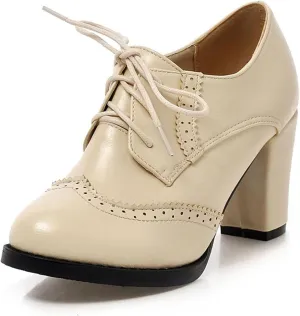 SHEMEE Retro Wingtip Oxfords for Women Chunky Block Heels Brogues Saddle Shoes Round Toe Lace Up Pumps Thick High Heeled Booties