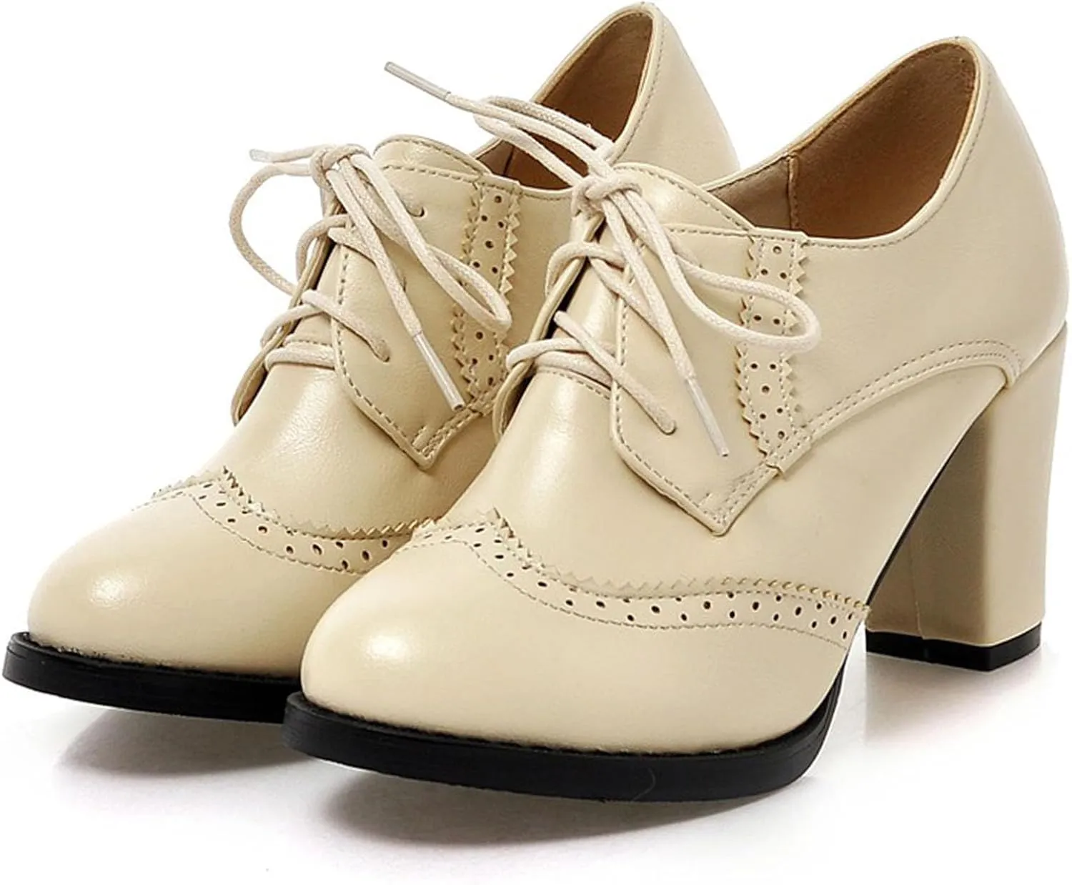 SHEMEE Retro Wingtip Oxfords for Women Chunky Block Heels Brogues Saddle Shoes Round Toe Lace Up Pumps Thick High Heeled Booties