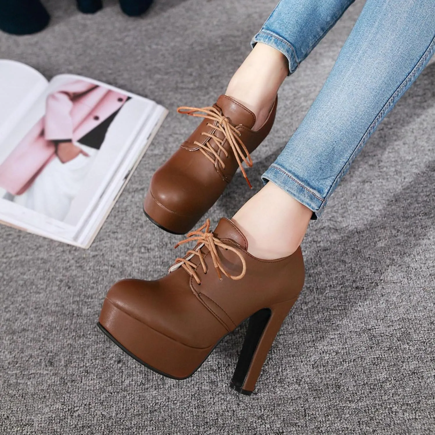 SHEMEE Womens Block Heel Platform Lace Up Pumps Oxford High Heels Ankle Booties Brogue Wingtip Vintage Dress Shoes