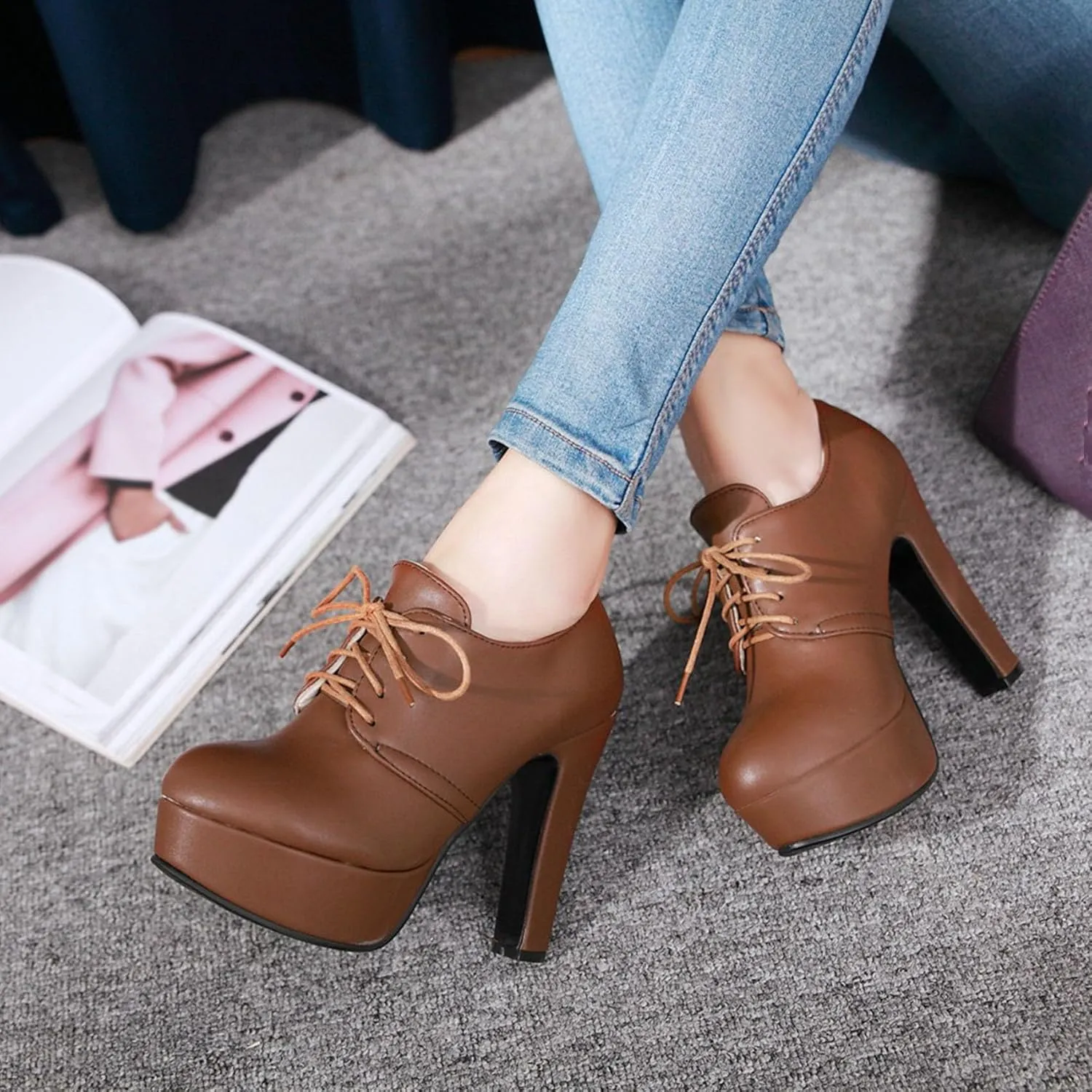 SHEMEE Womens Block Heel Platform Lace Up Pumps Oxford High Heels Ankle Booties Brogue Wingtip Vintage Dress Shoes
