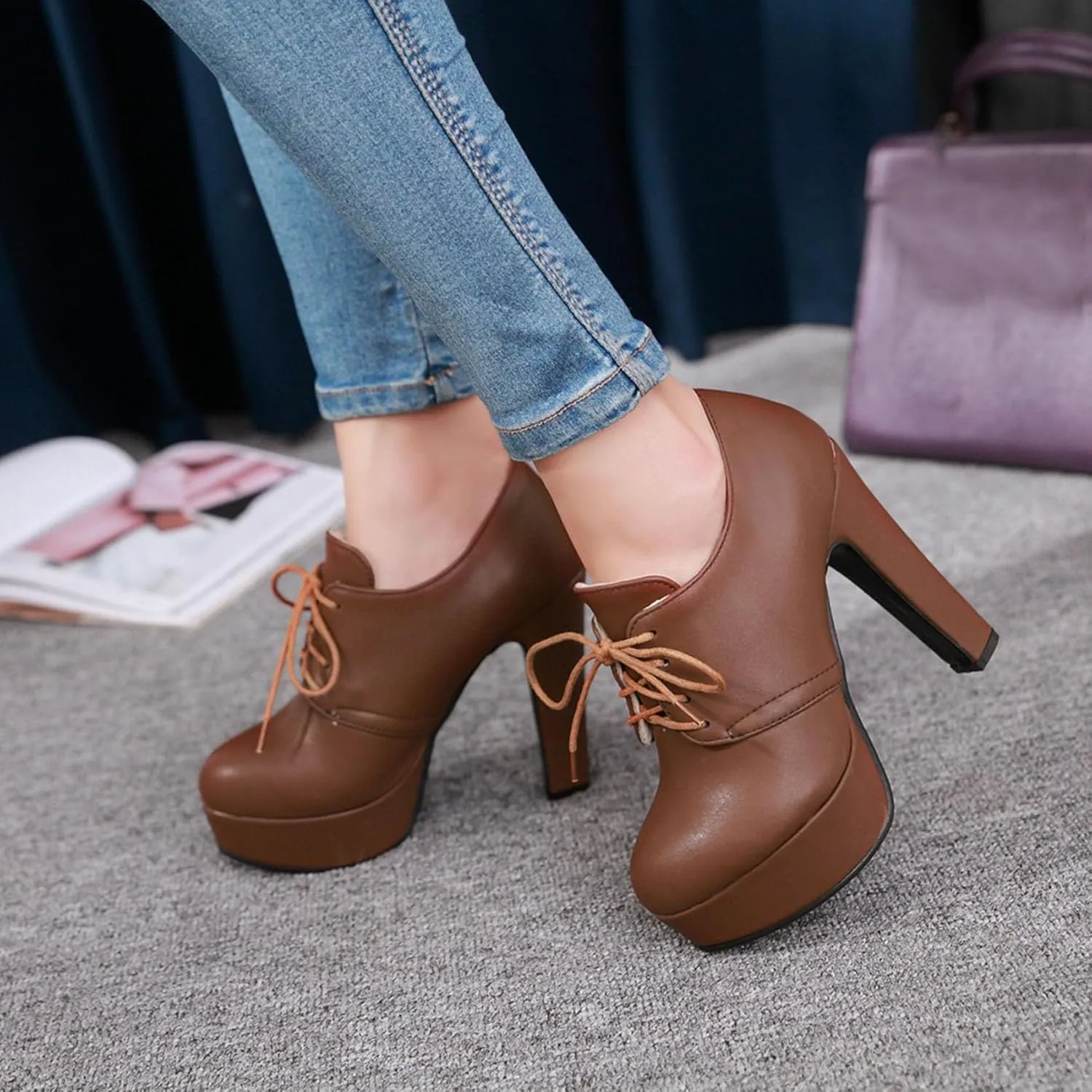 SHEMEE Womens Block Heel Platform Lace Up Pumps Oxford High Heels Ankle Booties Brogue Wingtip Vintage Dress Shoes