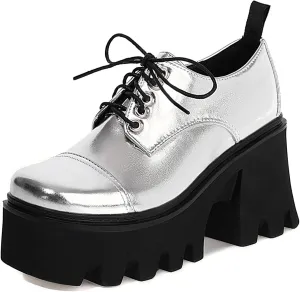 SHEMEE Women's Vintage Wingtip Oxfords Pumps Chunky Platform Block High Heel Round Toe Lace Up Gothic Brogue Shoes