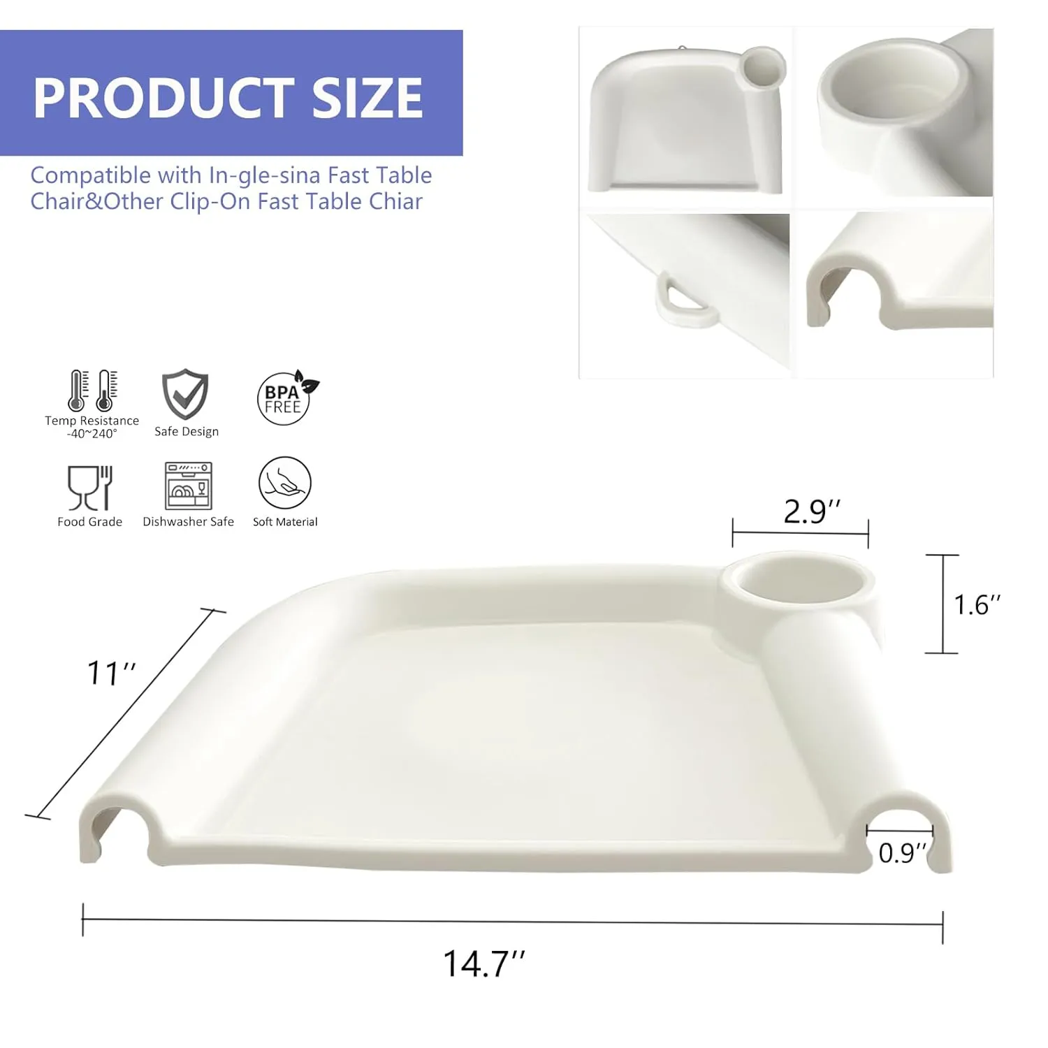Silicone Baby Dining Tray Compatible with Inglesina Fast Table Chair & Other Hook-On High Chairs,Portable Clip-On Fast Table Chair Baby Tray, Dishwasher Safe & BPA Free (Upgraded White)