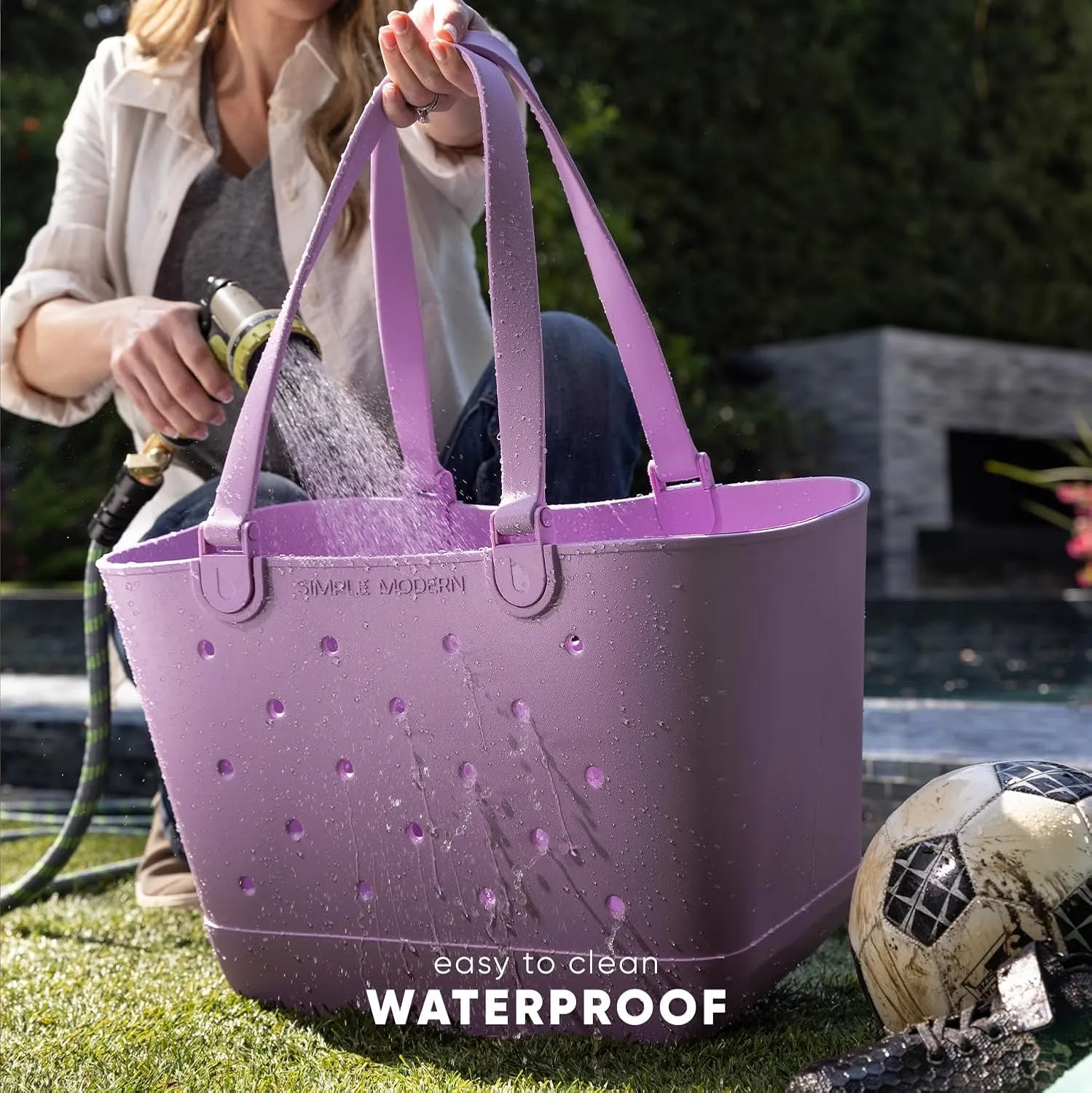 Simple Modern Large Beach Bag | Waterproof Getaway Rubber Tote with Zipper Pocket for Travel, Pool, Boat, Groceries, Sports | Cream