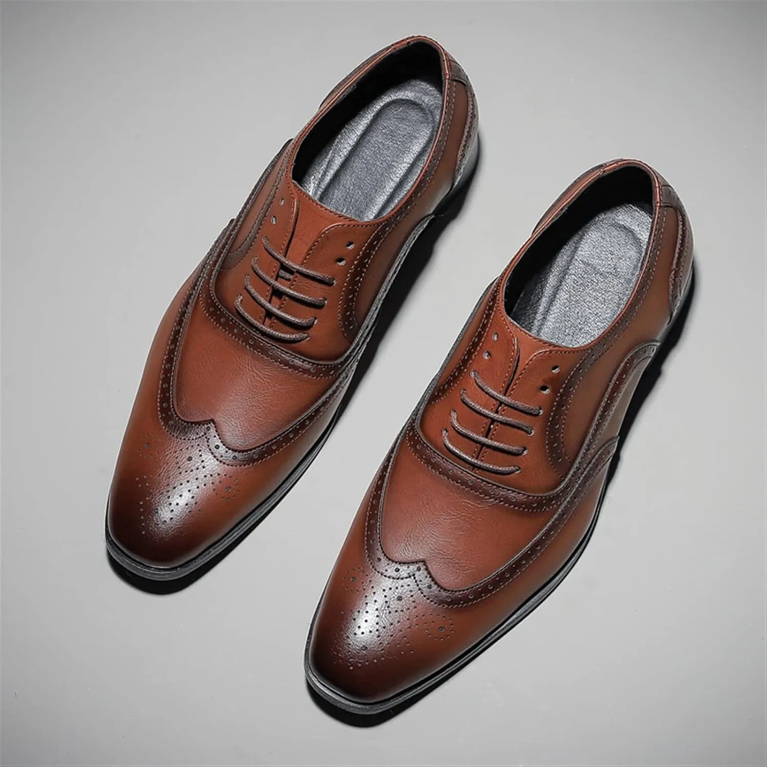 Single Season Dress Oxford Shoes for Men Lace Up Brogue Embossed Burnished Wing Tip Vegan Leather Rubber Sole Anti-Slip Non Slip Resistant Business Very Popular Among Young People