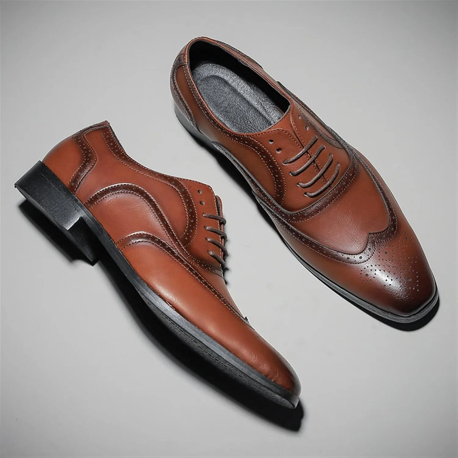 Single Season Dress Oxford Shoes for Men Lace Up Brogue Embossed Burnished Wing Tip Vegan Leather Rubber Sole Anti-Slip Non Slip Resistant Business Very Popular Among Young People