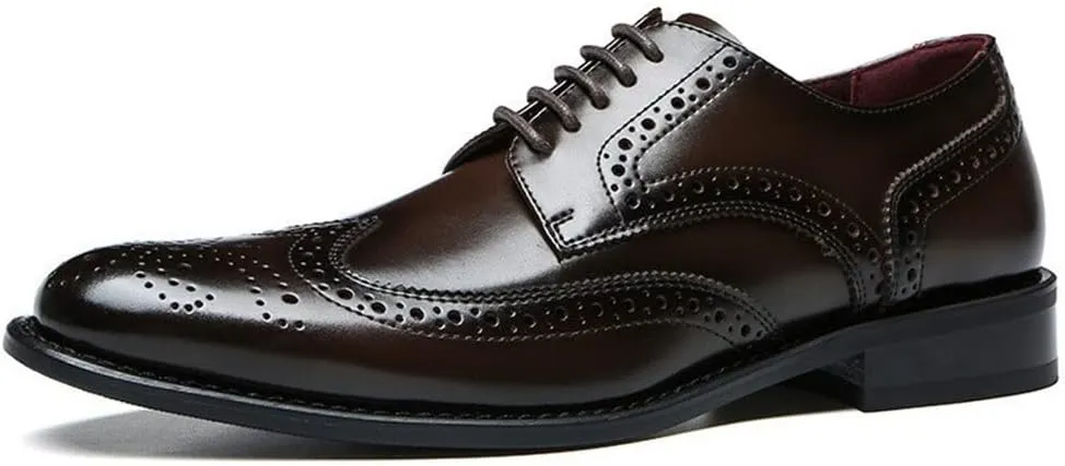 Single Season Dress Shoes for Men Lace Up Brogue Embossed Wing-tip Round Toe Cowhide Slip Resistant Anti-Slip Low Top Classic Very Popular Among Young People Brown
