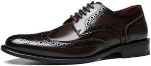 Single Season Dress Shoes for Men Lace Up Brogue Embossed Wing-tip Round Toe Cowhide Slip Resistant Anti-Slip Low Top Classic Very Popular Among Young People Brown