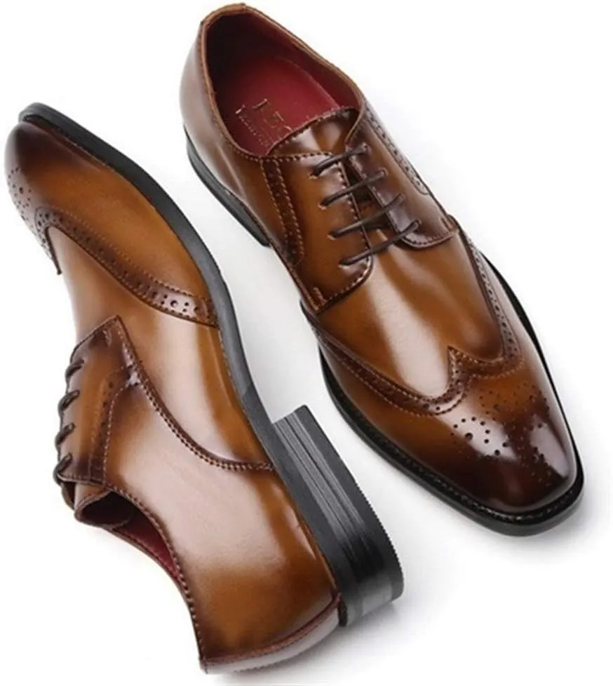 Single Season Oxford Dress Shoes for Men Lace Up Burnished Toe Wing Tip Brogue Cowhide Low Top Anti-Slip Rubber Sole Slip Resistant Prom Very Popular Among Young People