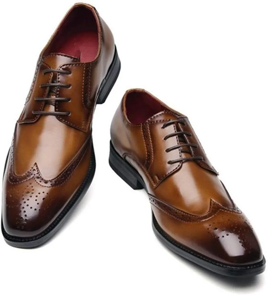 Single Season Oxford Dress Shoes for Men Lace Up Burnished Toe Wing Tip Brogue Cowhide Low Top Anti-Slip Rubber Sole Slip Resistant Prom Very Popular Among Young People