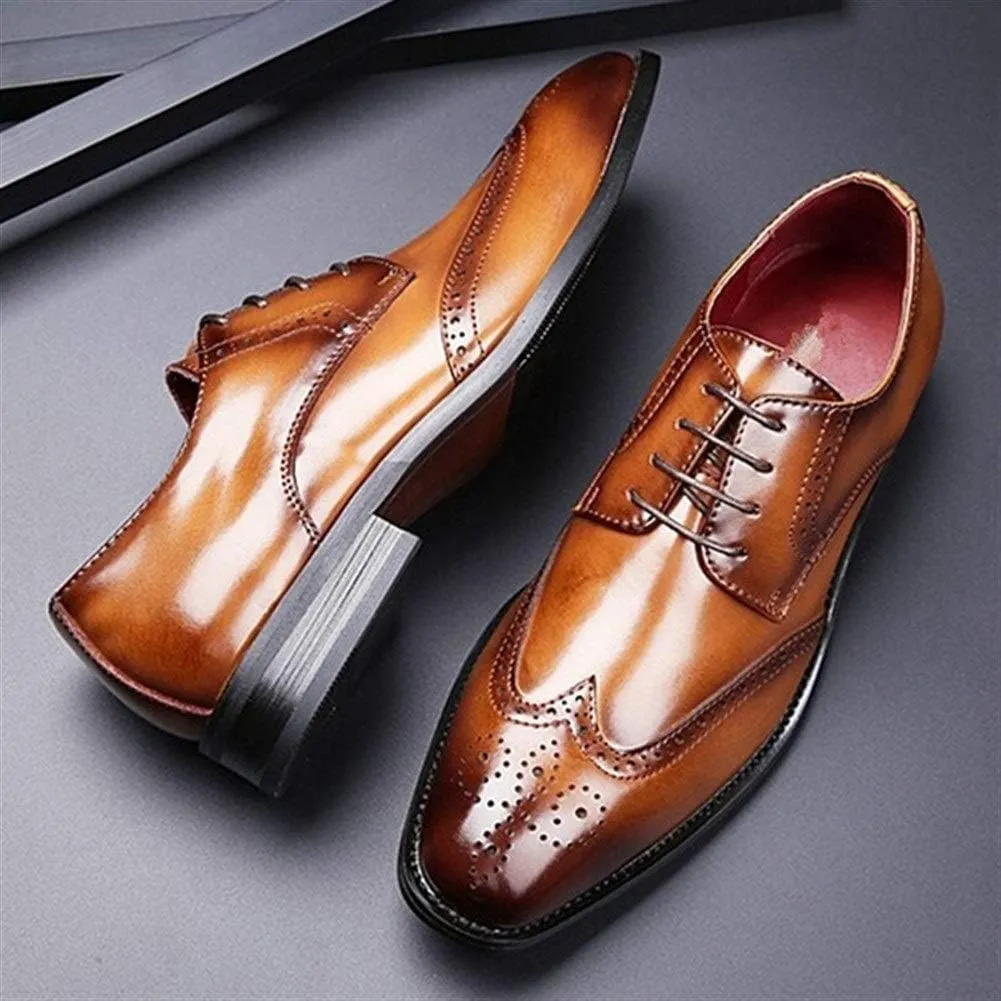 Single Season Oxford Dress Shoes for Men Lace Up Burnished Toe Wing Tip Brogue Cowhide Low Top Anti-Slip Rubber Sole Slip Resistant Prom Very Popular Among Young People