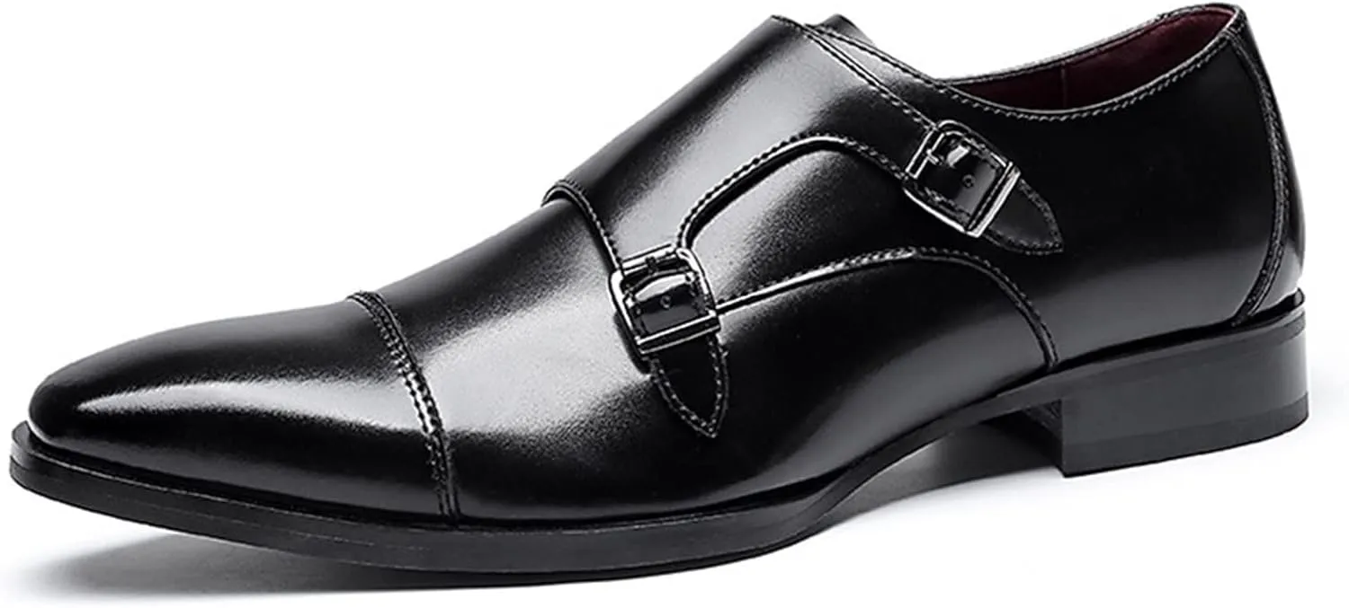 Single Season Oxford Dress Shoes for Men Slip On Double Monk Strap Burnished Toe Cap Toe Leather Block Heel Non Slip Anti-Slip Outdoor Very Popular Among Young People (Color : Black, Si