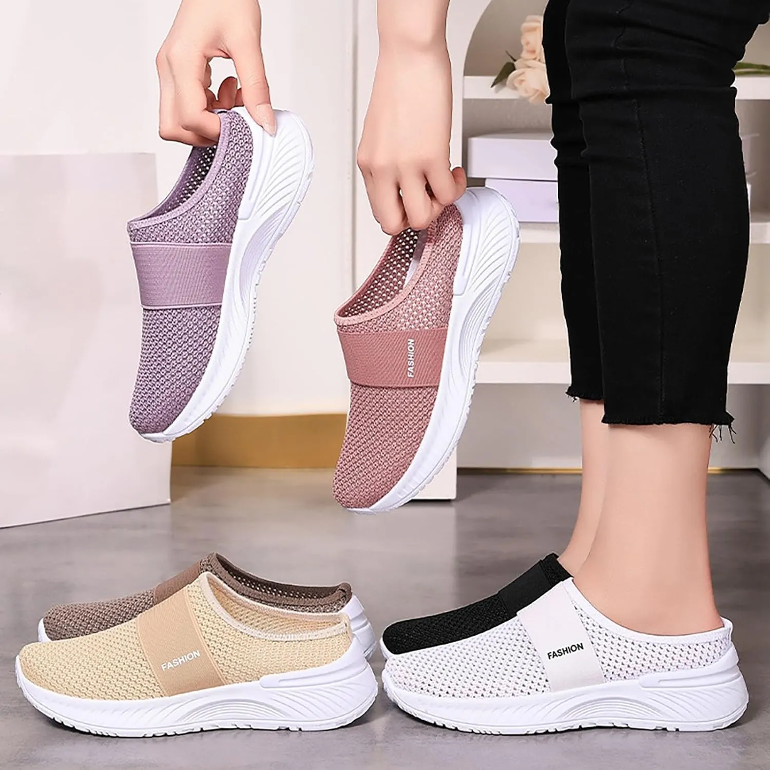 Slip On Sandals Women Comfortable Mesh Closed Toe Walking Orthopedic Shoes Breathable Wide Width Arch Support Shoes