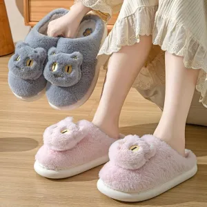 Soft Plush Comfy Warm Couple Slip-On House Cute Cat Face Slippers for Winter, Non-Slip Fuzzy Flat Slides for Women Indoor Outdoor (10,Pink)