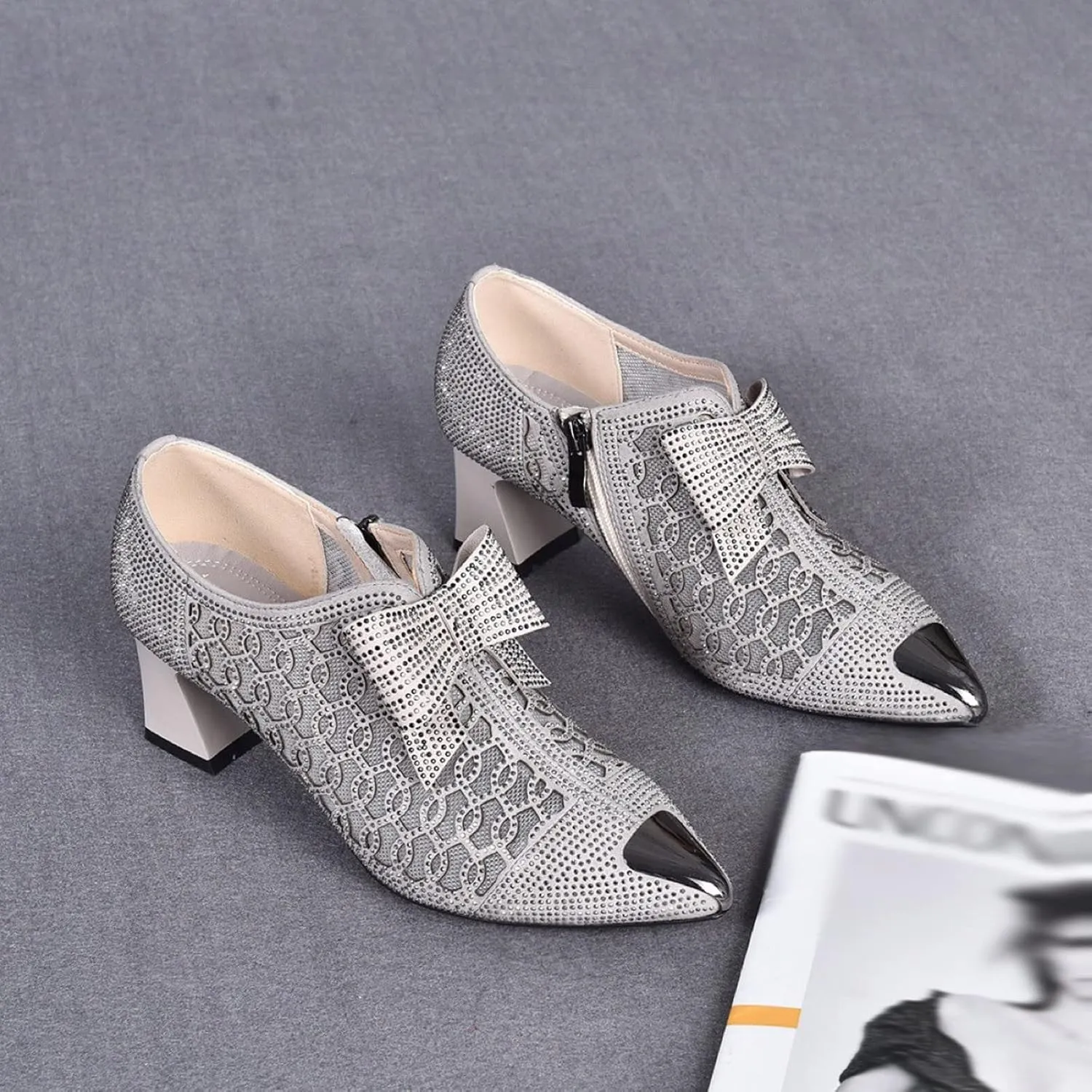 Sparkly Rhinestone Sandals for Women Trendy Bowknot Pointed Toe Net Yarn Hollow Side Zipper Chunky Heel Sandalias Comfy Breathable Casual Shoes