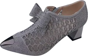 Sparkly Rhinestone Sandals for Women Trendy Bowknot Pointed Toe Net Yarn Hollow Side Zipper Chunky Heel Sandalias Comfy Breathable Casual Shoes