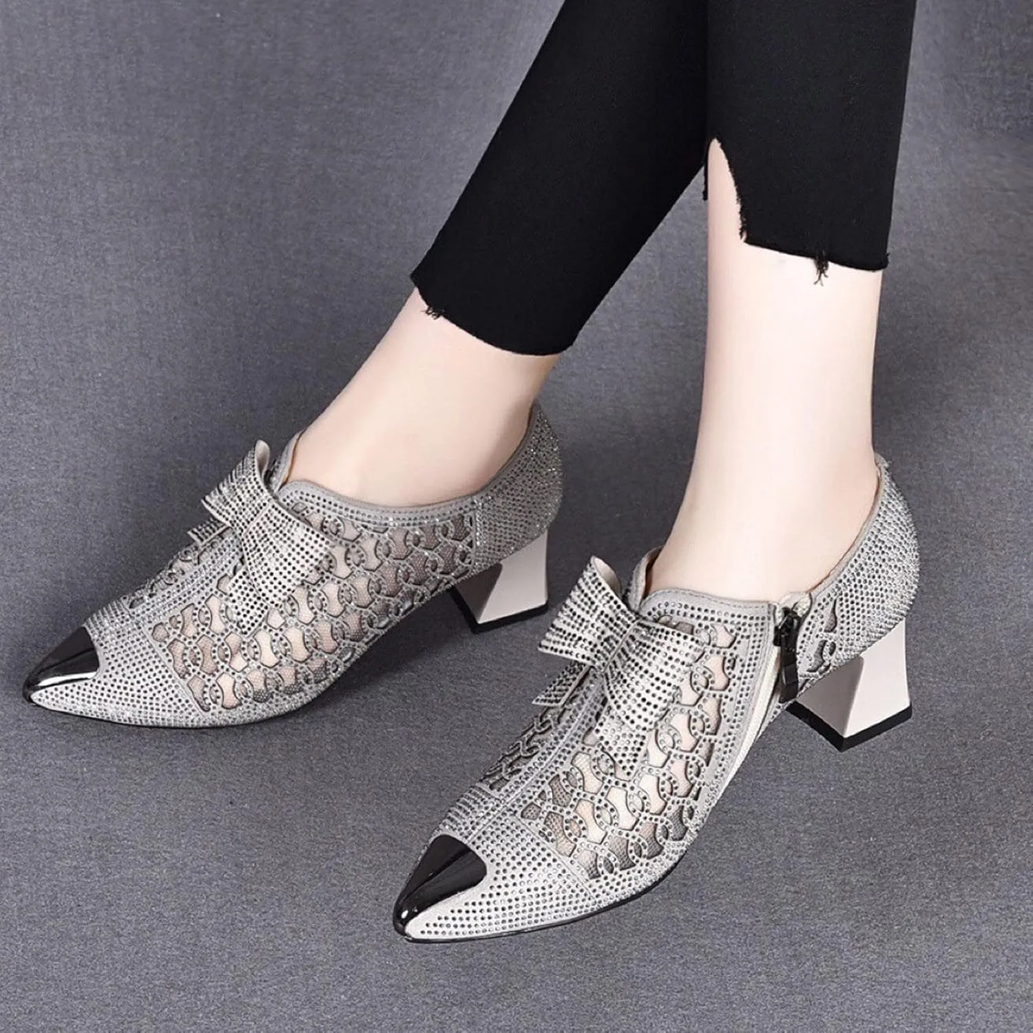 Sparkly Rhinestone Sandals for Women Trendy Bowknot Pointed Toe Net Yarn Hollow Side Zipper Chunky Heel Sandalias Comfy Breathable Casual Shoes