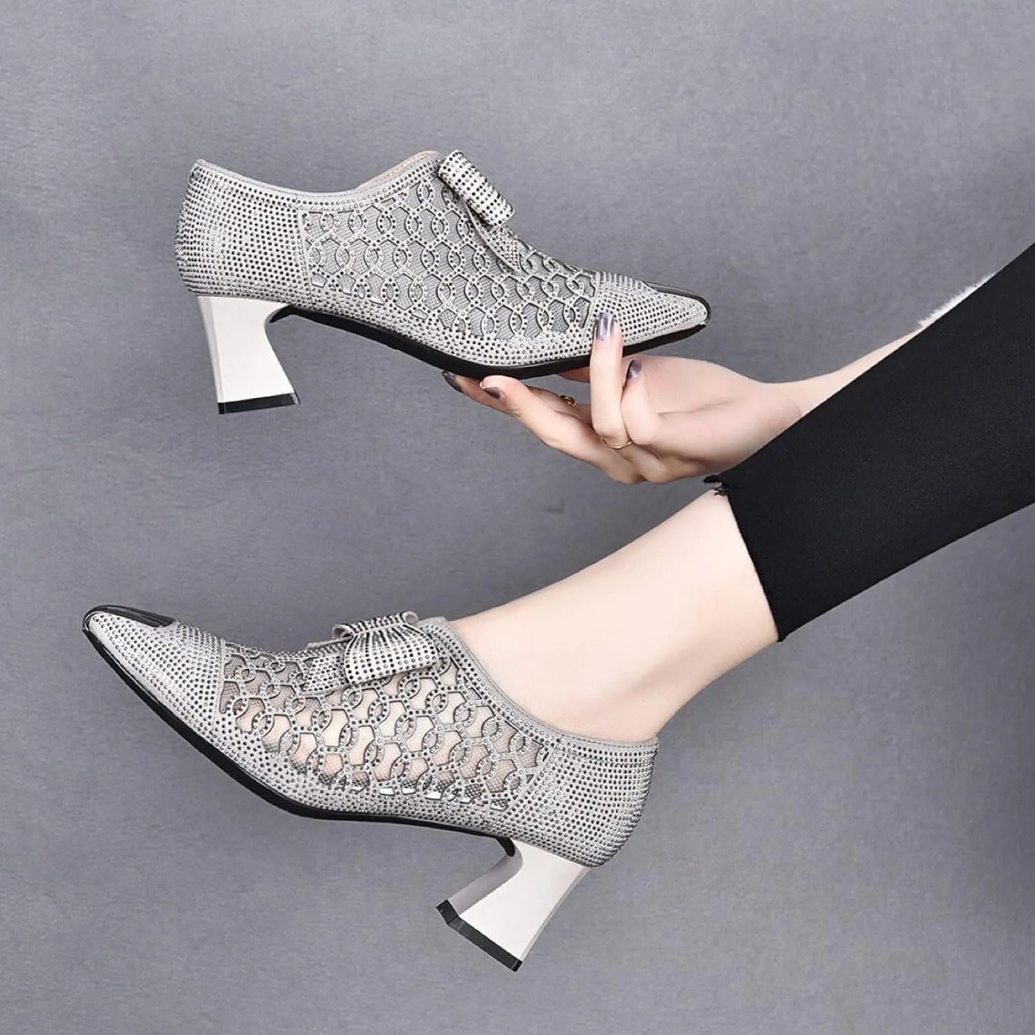 Sparkly Rhinestone Sandals for Women Trendy Bowknot Pointed Toe Net Yarn Hollow Side Zipper Chunky Heel Sandalias Comfy Breathable Casual Shoes