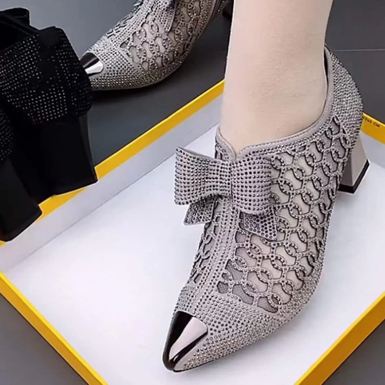 Sparkly Rhinestone Sandals for Women Trendy Bowknot Pointed Toe Net Yarn Hollow Side Zipper Chunky Heel Sandalias Comfy Breathable Casual Shoes