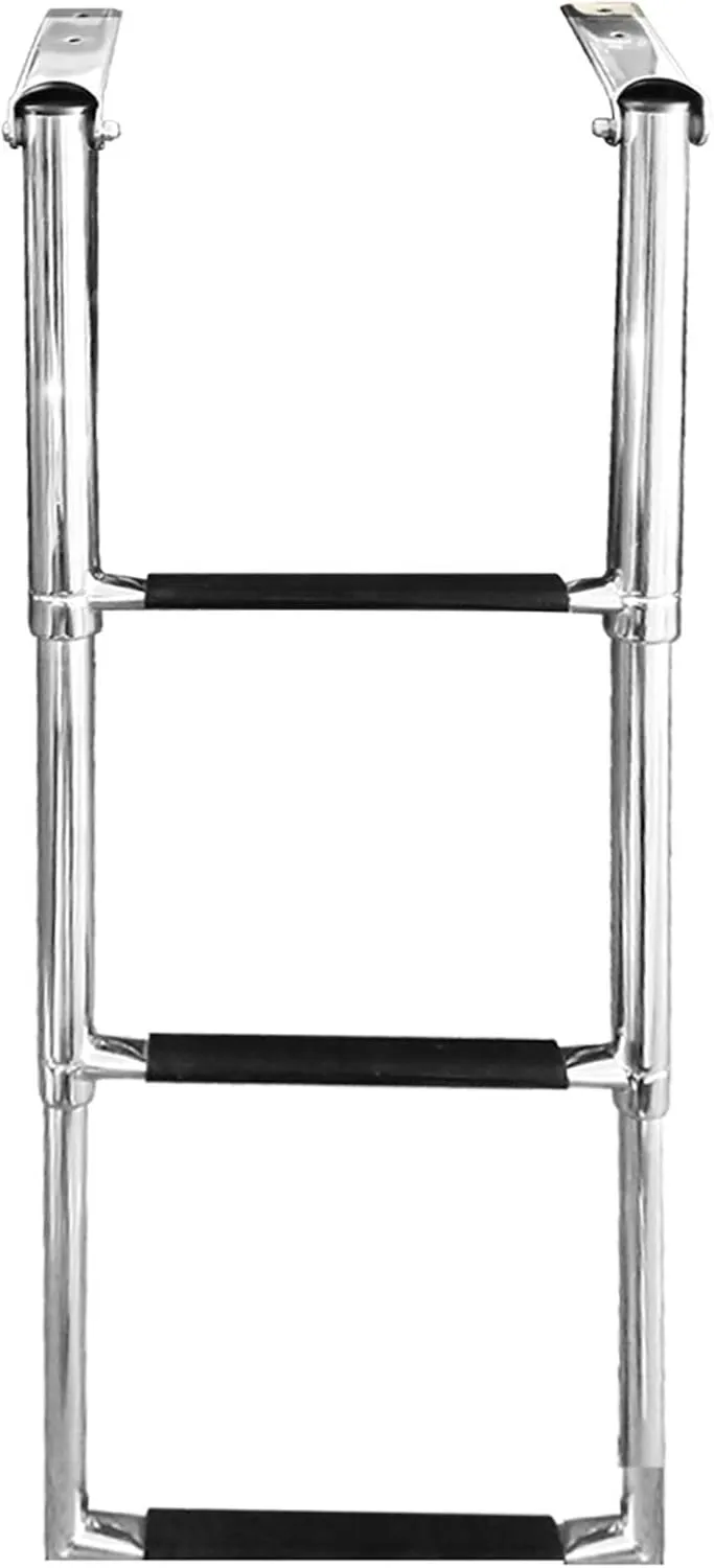 Stainless Steel Fishing Boat Ladder-3 Step, Removable Swim Deck Ladder Teles for Pontoon Marine Yacht Inboard, Slip-Proof Rubber Tread