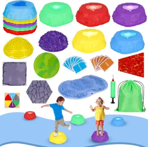 Stepping Stones for Kids, Light Up Toddler Stepping Stones with Non-Slip Stepping Blocks, Balance Pods, Flat Textured Mat, Obstacle Course Sensory Toys Indoor Outdoor Play for Kids Ages 3 