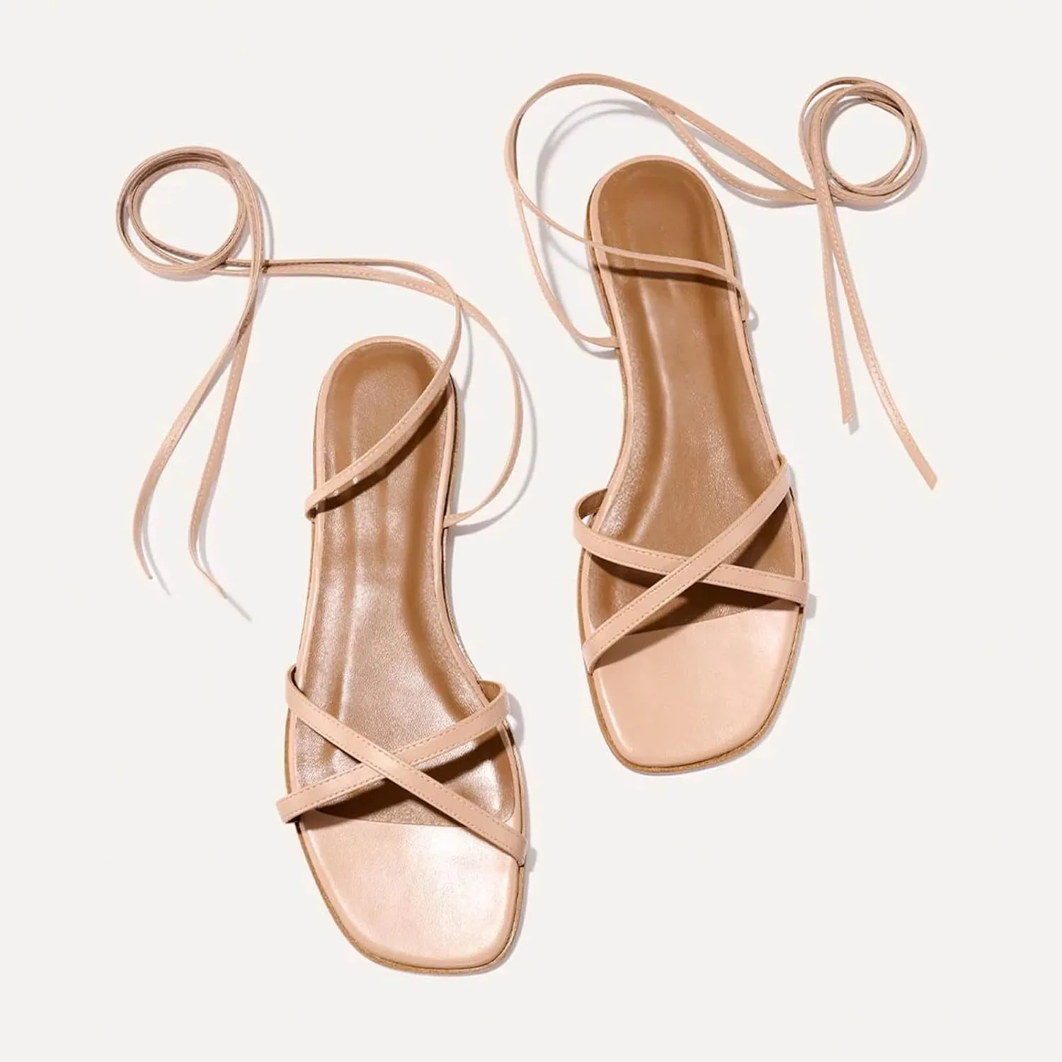 Strappy Flats Sandals for Women Leather Lace Up Flat Sandals Gladiator Square Toe Casual Beach Summer Shoes