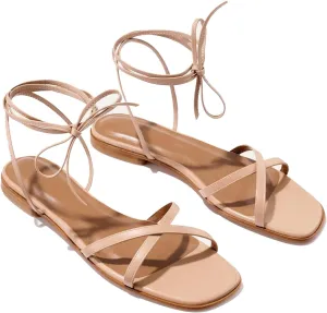 Strappy Flats Sandals for Women Leather Lace Up Flat Sandals Gladiator Square Toe Casual Beach Summer Shoes