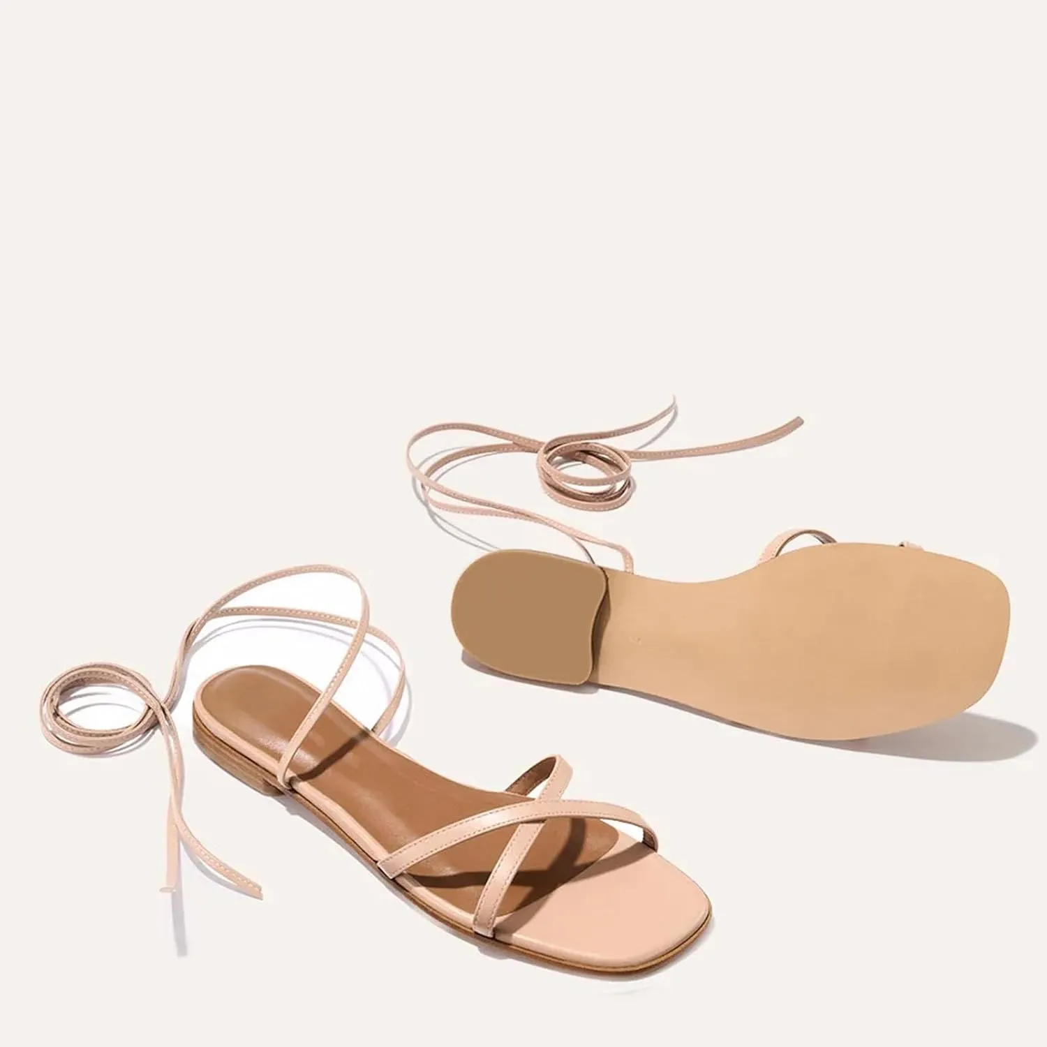 Strappy Flats Sandals for Women Leather Lace Up Flat Sandals Gladiator Square Toe Casual Beach Summer Shoes