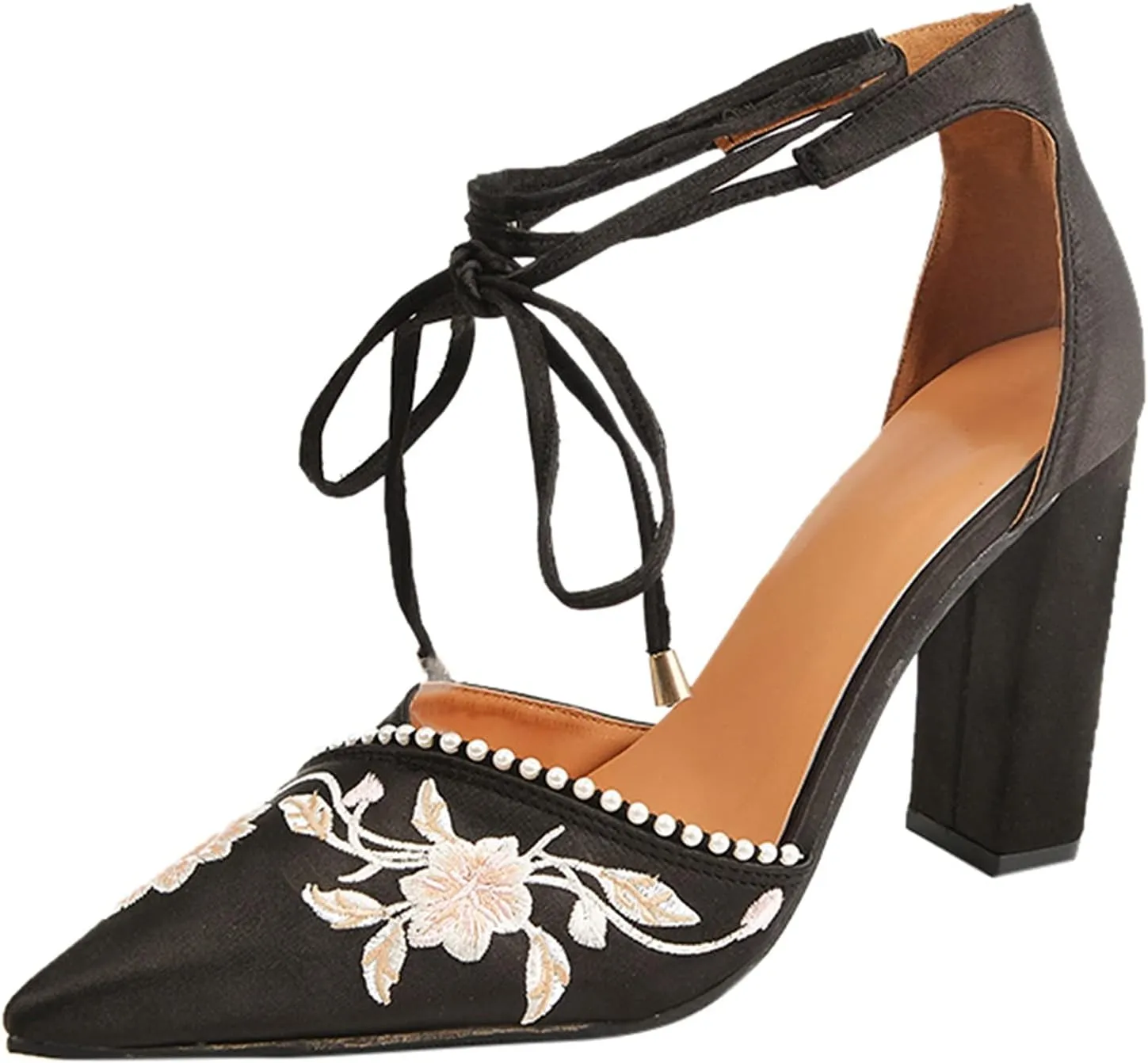 Strappy Heels for Women Floral Embroidered Sandals Summer Pointed Toe High Heels Classic Chunky Wedding Dress Shoes
