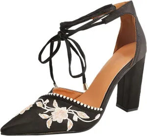 Strappy Heels for Women Floral Embroidered Sandals Summer Pointed Toe High Heels Classic Chunky Wedding Dress Shoes