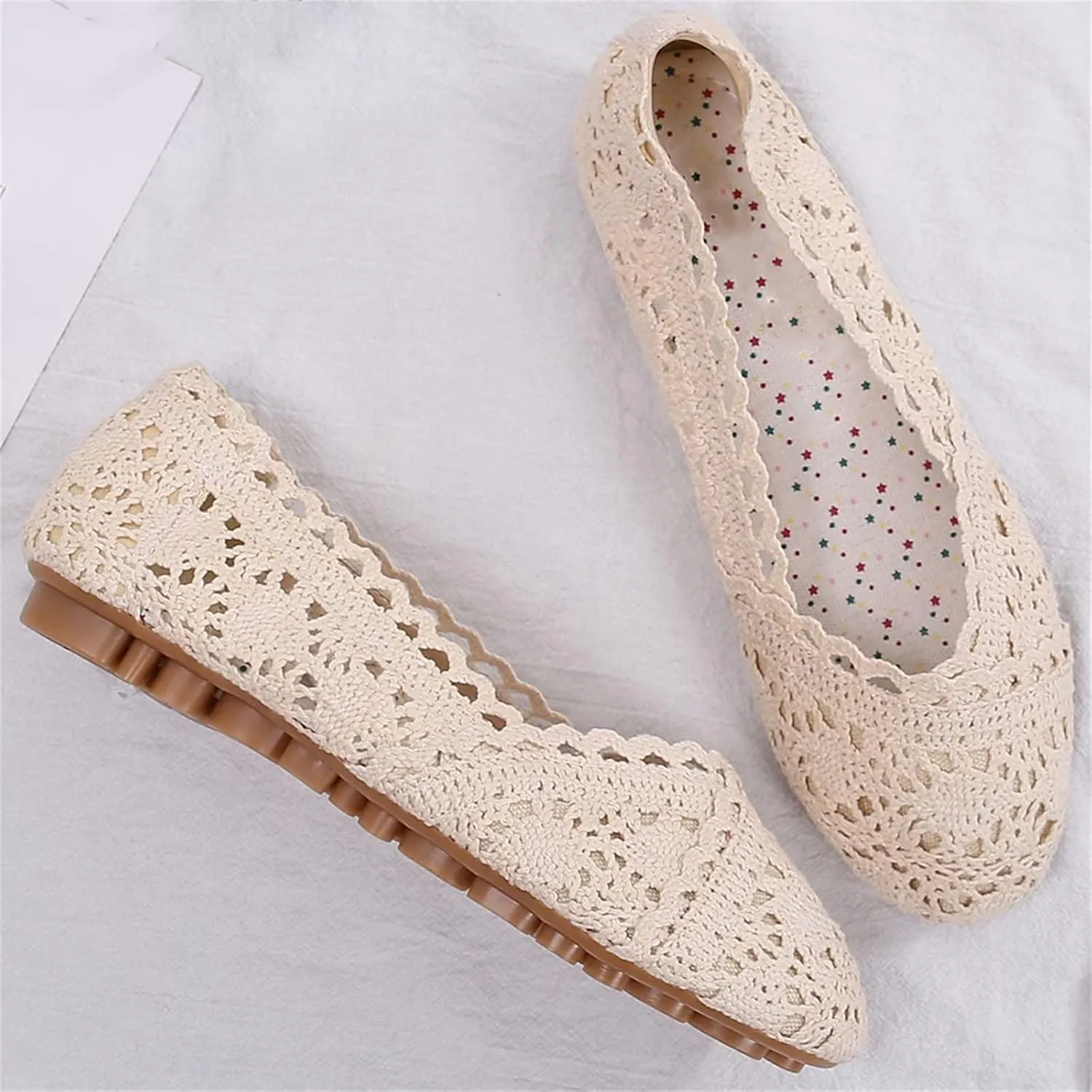 Stunner Women's Round Toe Flats Lace Hollow Breathable Slip on Flat Shoes