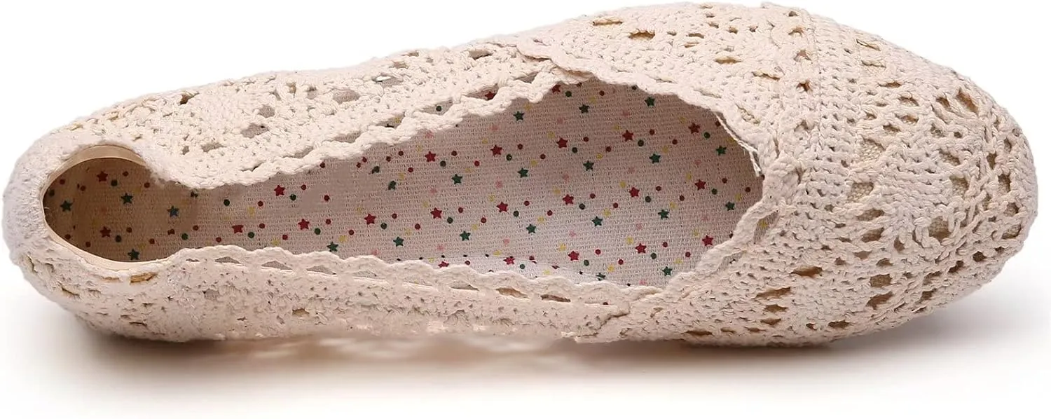 Stunner Women's Round Toe Flats Lace Hollow Breathable Slip on Flat Shoes