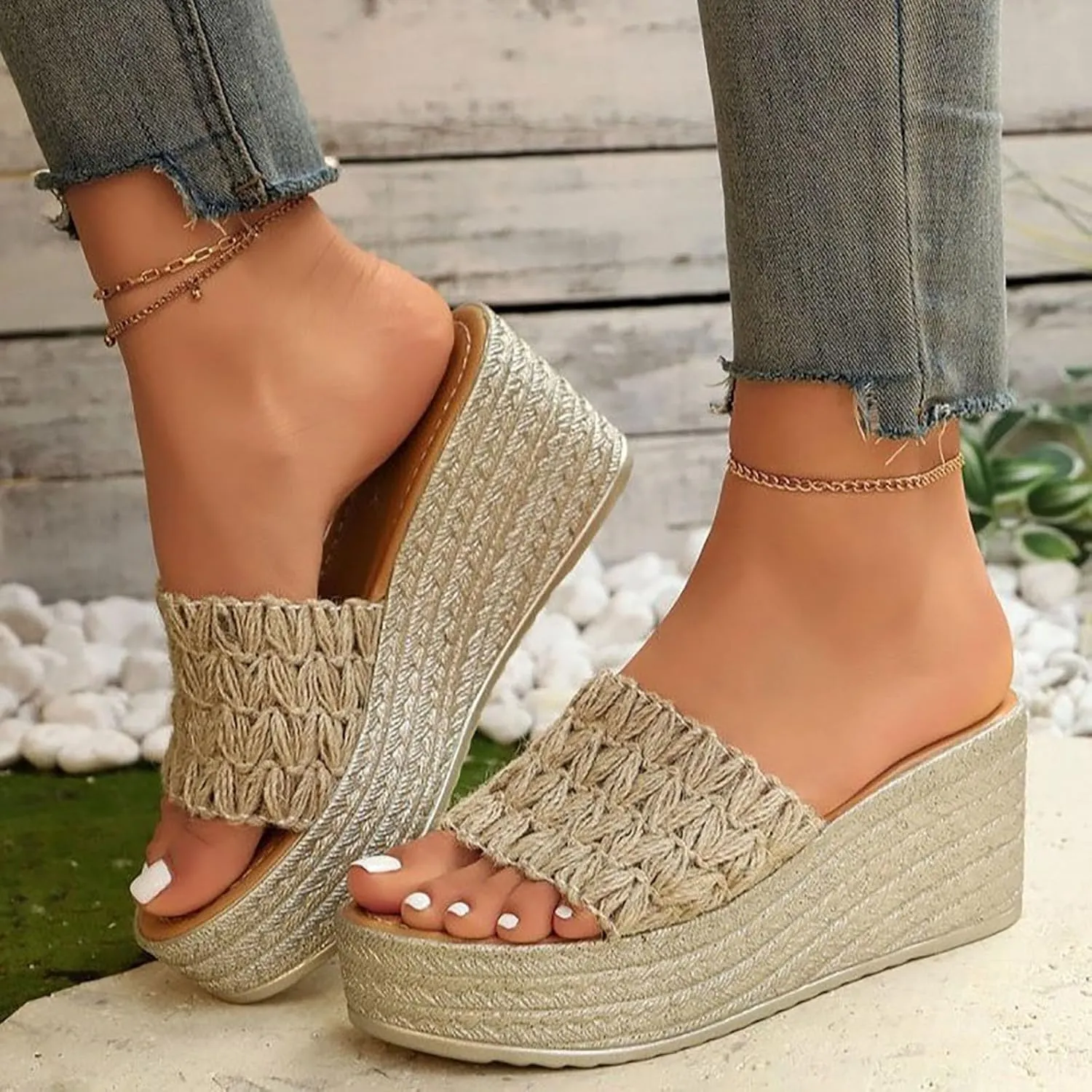 SuanlaTDS Espadrilles Wedge Sandals for Women 2025 Open Toe Backless High Heels Slip-on Wide Width Platform Summer Slides Slippers Mules Beach Walking Dressy Bohemian Heeled Sandal
