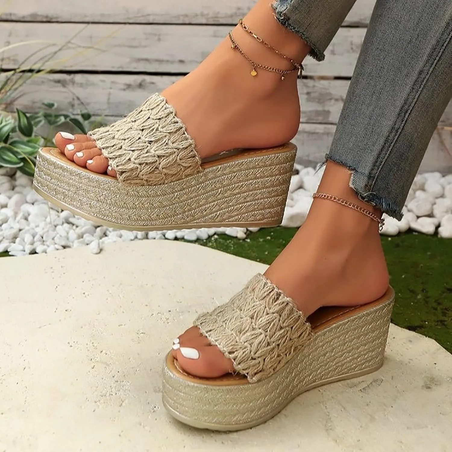 SuanlaTDS Espadrilles Wedge Sandals for Women 2025 Open Toe Backless High Heels Slip-on Wide Width Platform Summer Slides Slippers Mules Beach Walking Dressy Bohemian Heeled Sandal