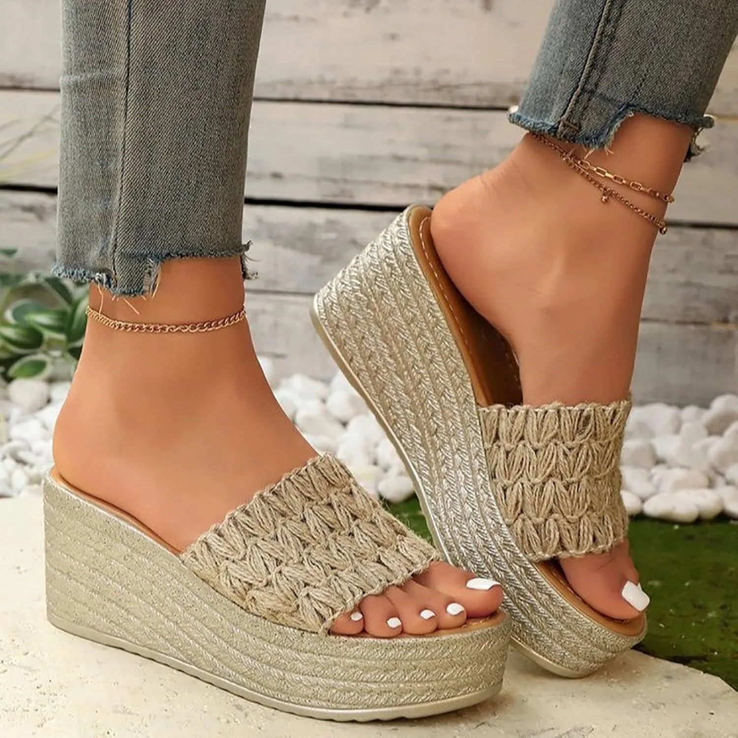 SuanlaTDS Espadrilles Wedge Sandals for Women 2025 Open Toe Backless High Heels Slip-on Wide Width Platform Summer Slides Slippers Mules Beach Walking Dressy Bohemian Heeled Sandal