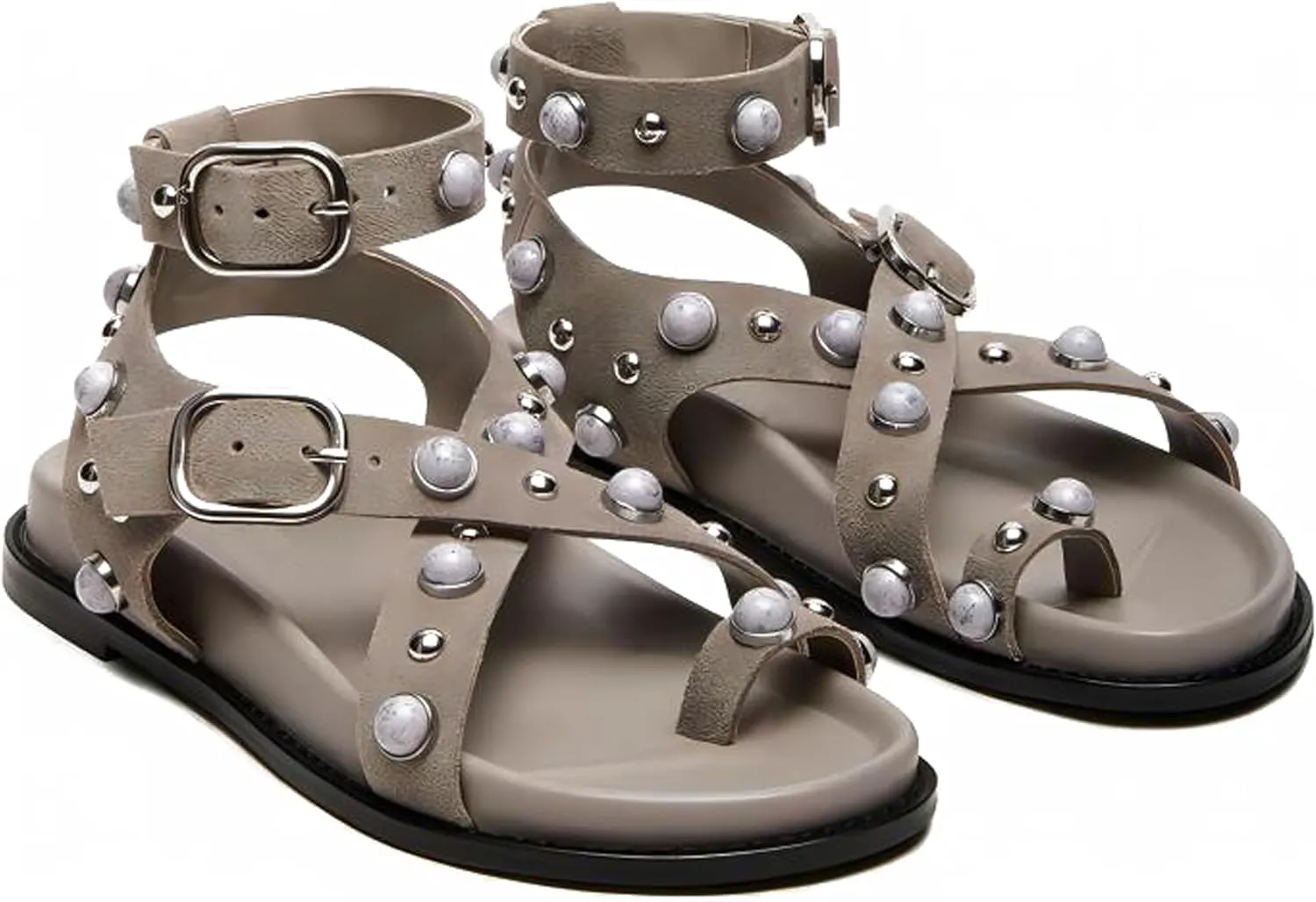Summer Flat Sandals for Women Beaded Studded Strappy Boho Sandals Casual Beach Shoes Comfy Walking Party Dress Flip Flops Shoes