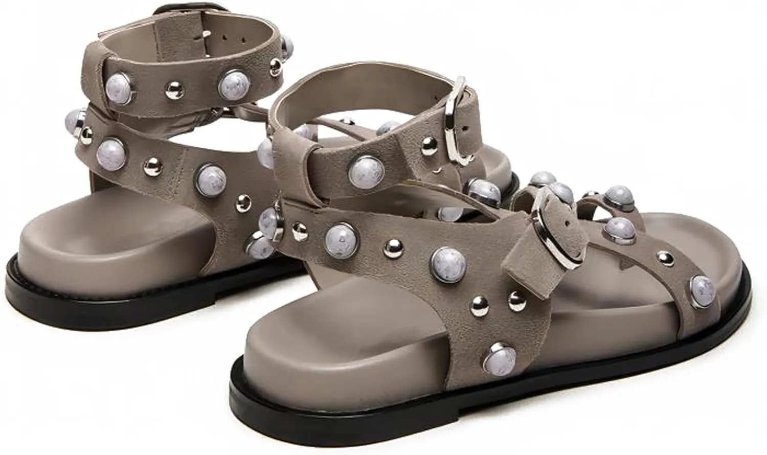 Summer Flat Sandals for Women Beaded Studded Strappy Boho Sandals Casual Beach Shoes Comfy Walking Party Dress Flip Flops Shoes