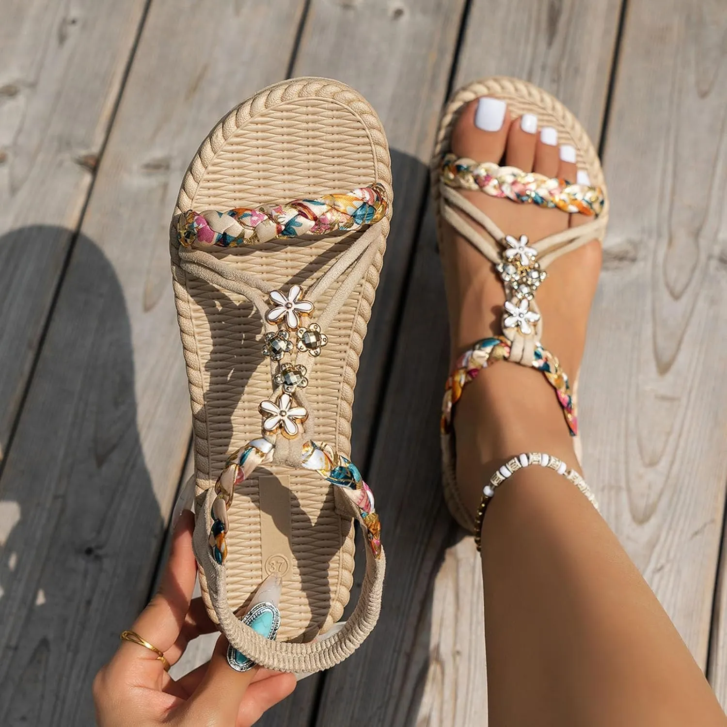 Summer Sandals for Women 2025 Trendy Womens Low Wedge Heels Sandal Platform Dressy Comfort Walking Non Slip Casual Beach Shoes Ankle Elastic Bohemian Woven Shoe