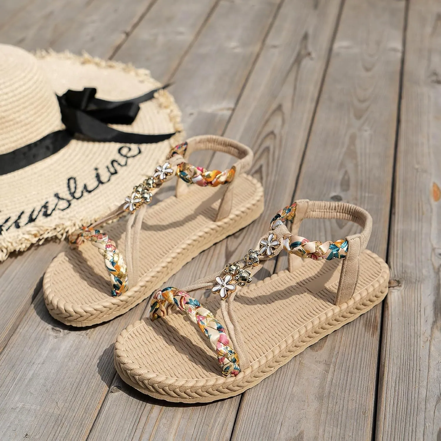 Summer Sandals for Women 2025 Trendy Womens Low Wedge Heels Sandal Platform Dressy Comfort Walking Non Slip Casual Beach Shoes Ankle Elastic Bohemian Woven Shoe