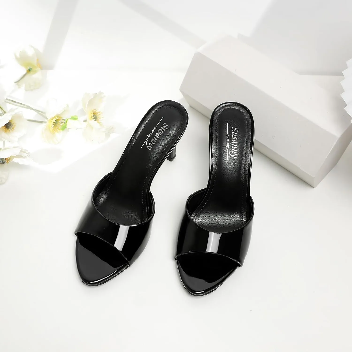 Susanny Women's Sandals Heels Mule High Heels Pointed Open Toe Sandals Sexy Slip on Heeled Summer Casual Wedding Prom Party Comfortable Dressy Shoes