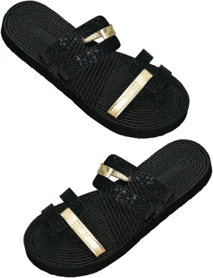 SweatyRocks Women's Metallic Cut Out Open Toe Flat Sandals Slip On Summer Outdoor Slide Sandal