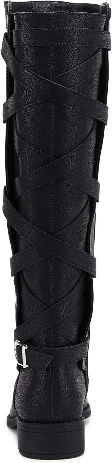 Syktkmx Womens Strappy Motorcycle Knee High Boots Winter Lace Up Riding Flat Low Heel Shoes