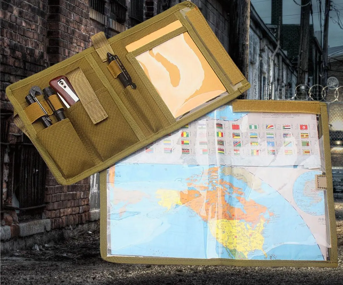 Tactical Map Case Multifunctional Map Pouch with Pen EDC Tool Holder Map Protector Foldable Map Storage Bag with Clear Window for Reading Map while Outdoors or Hiking (CP)